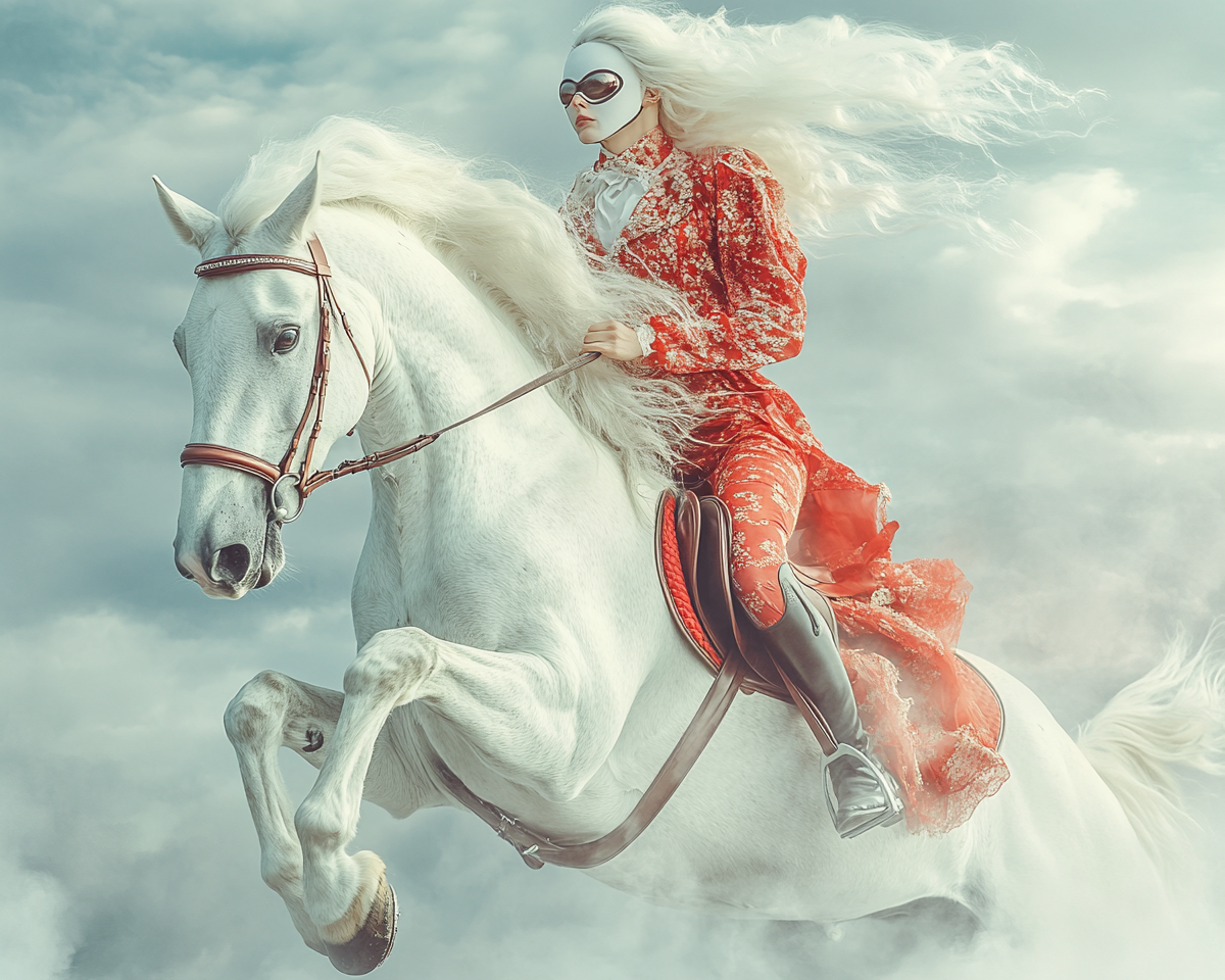 female superhero balancing on horseback