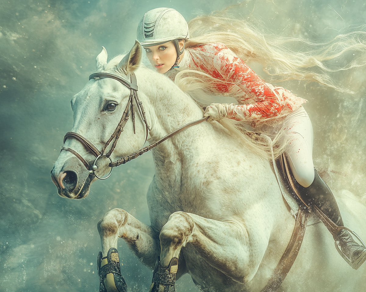 Female superhero balancing on white horse