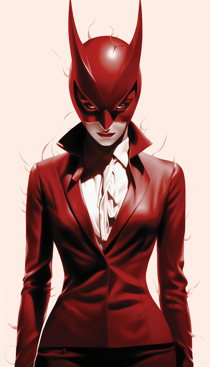 Female supervillain in a burgundy suit, wearing a sad white rabbit mask