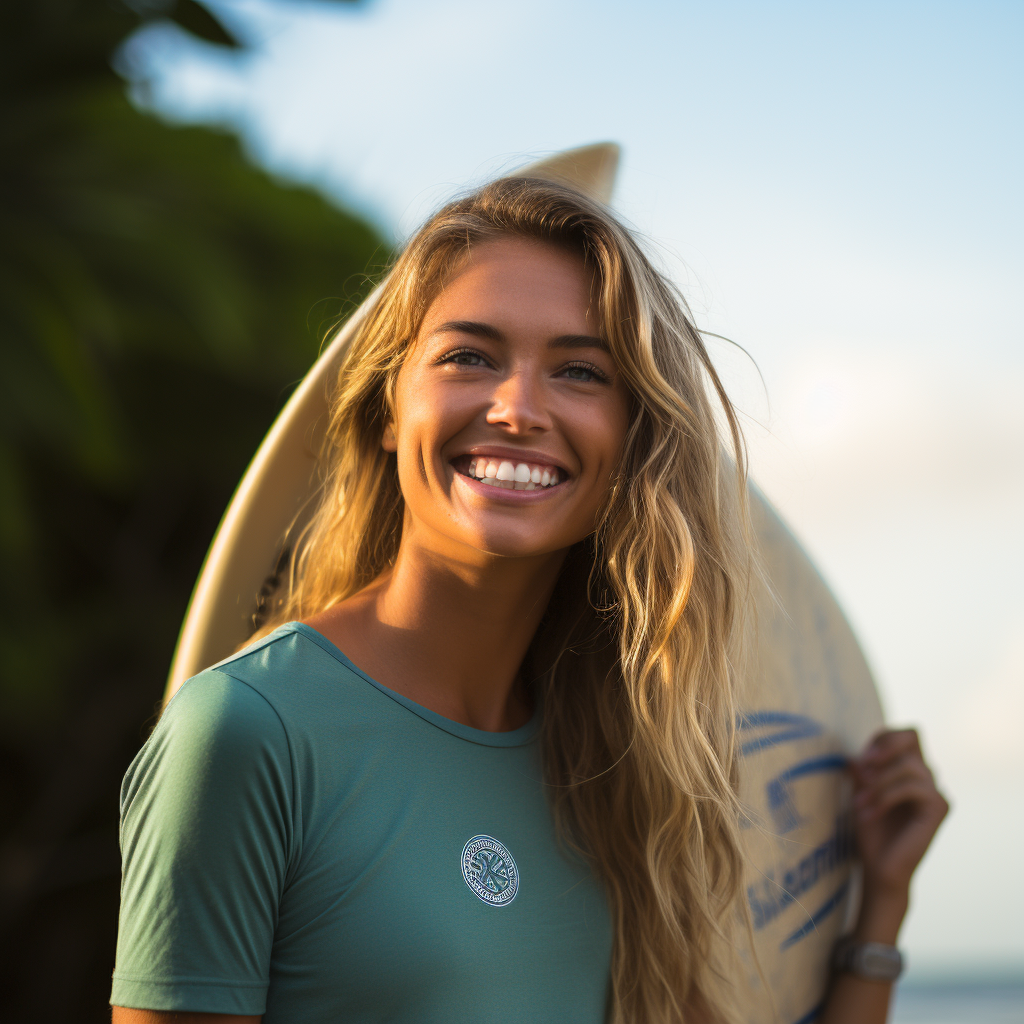 Smiling female surfer at the beach with her surfboard