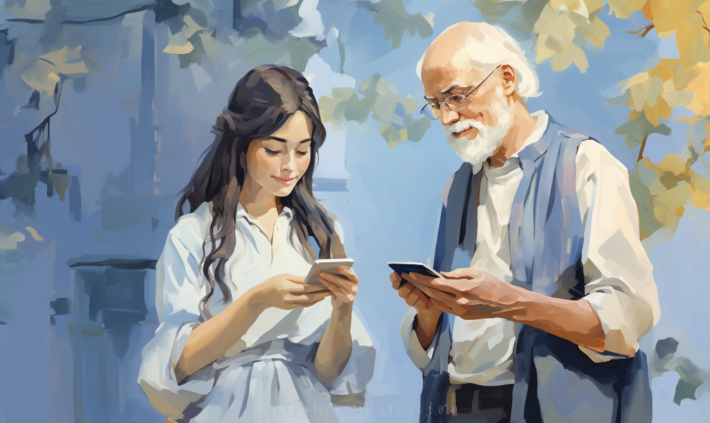 Female tech wizard helping older gentleman with iPhone