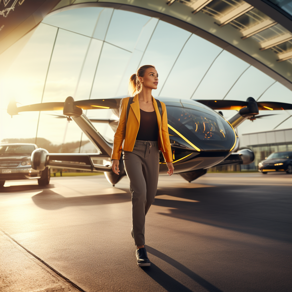 Female traveler exiting flying taxi on airport tarmac