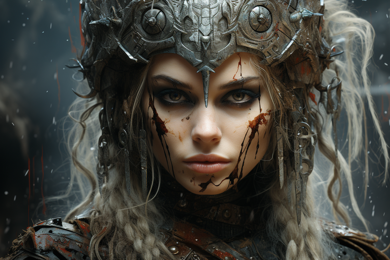 Beautiful Viking warrior with sword and skull mask