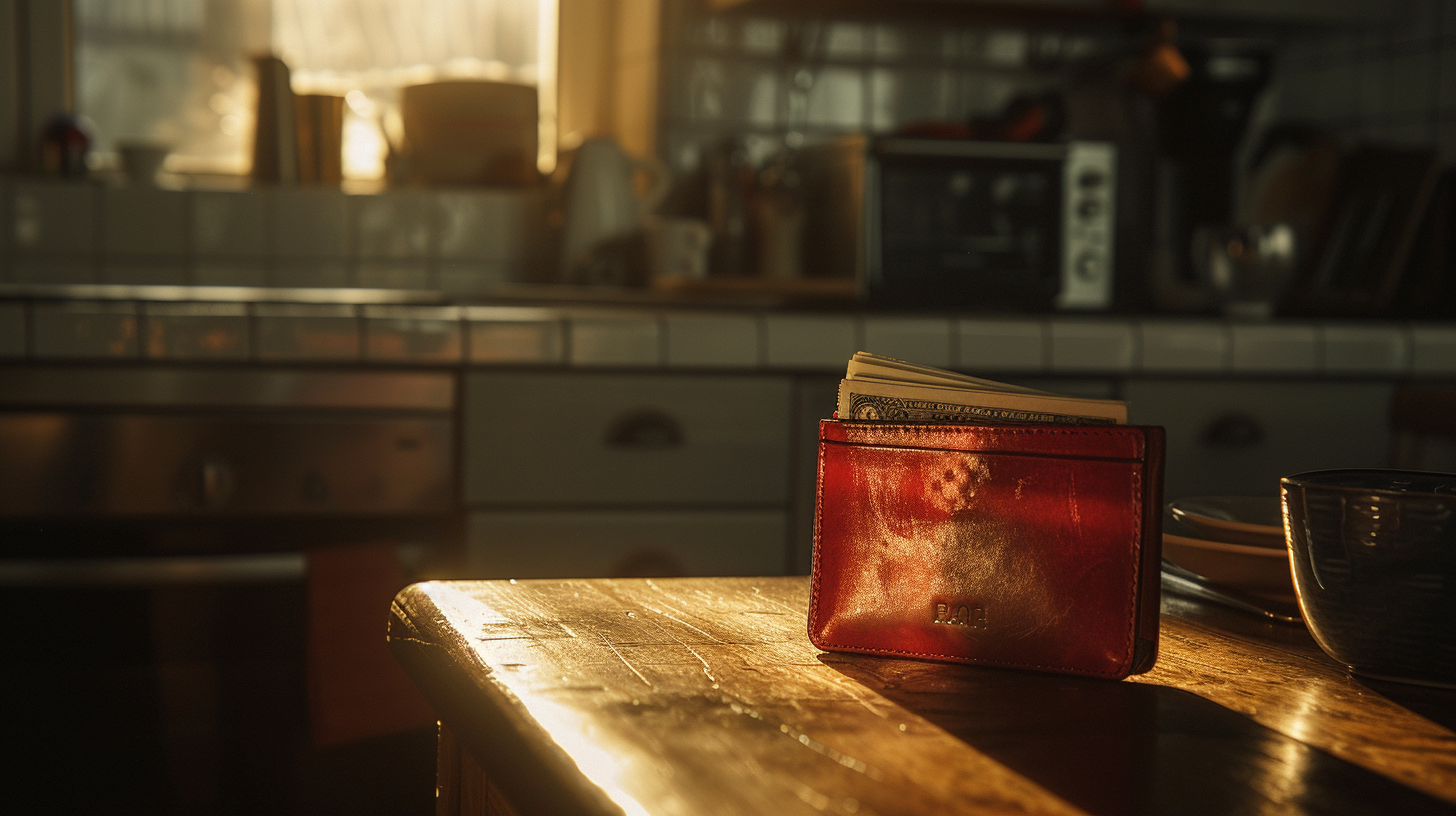 Female wallet on kitchen table