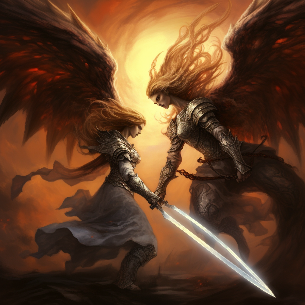 Female Warrior Angel Battling Fearful Demon