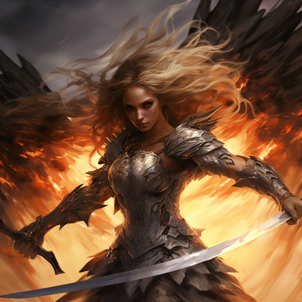 Female warrior angel fighting a demon bravely.