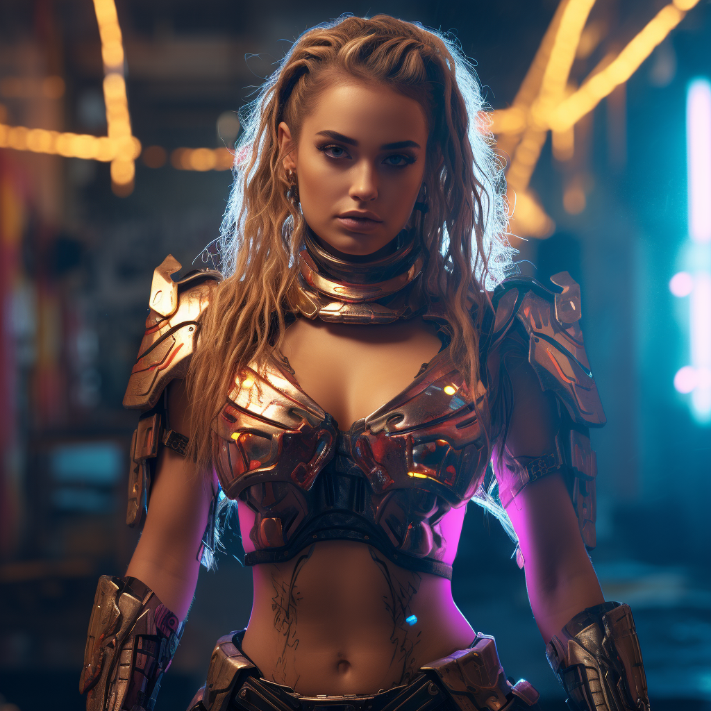 Female warrior in cyberpunk neon battle