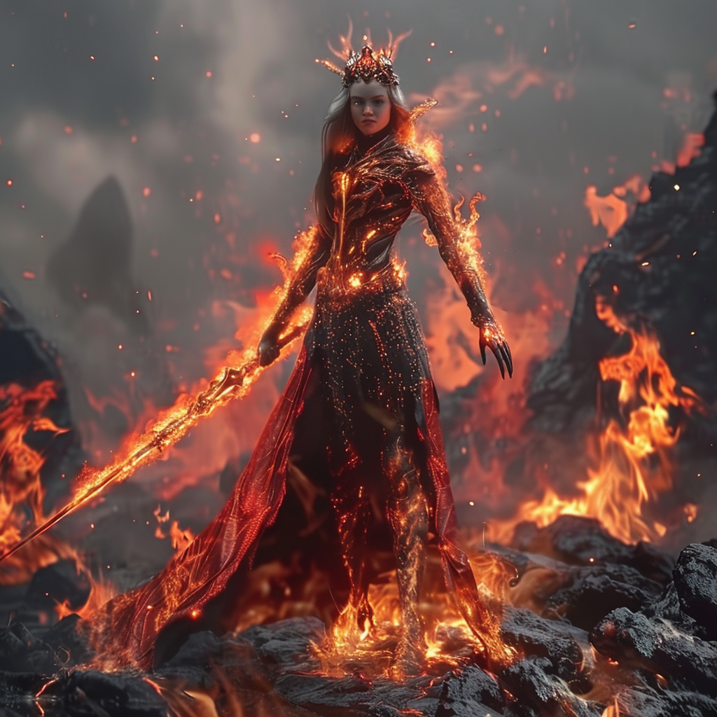 Female warrior surrounded by flames