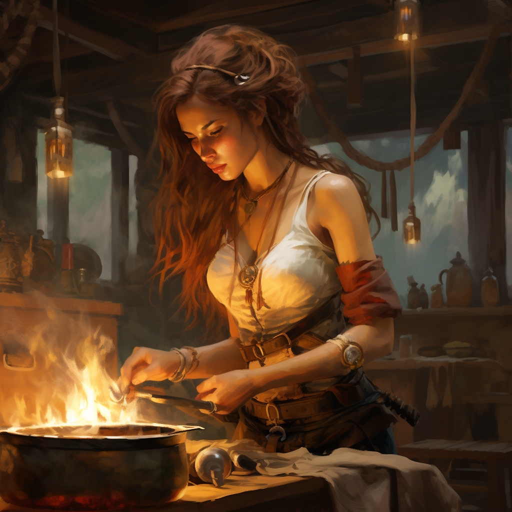 Brave female warrior cooking meal