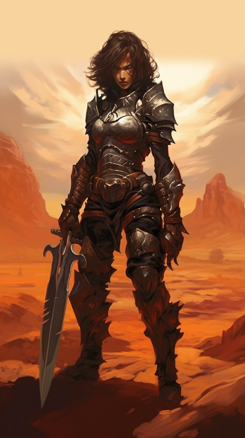 Female warrior with leather armor in desert