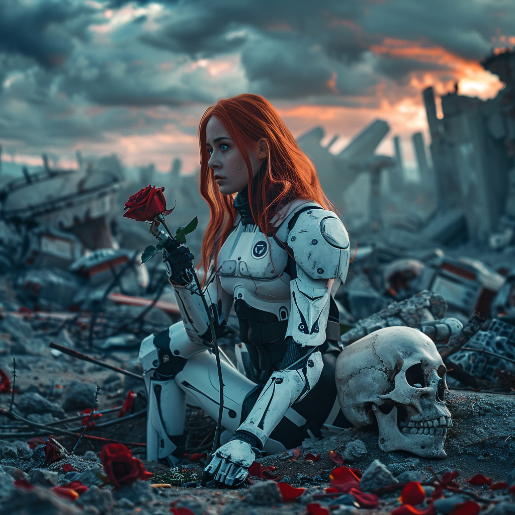 Warrior with Rose in Post-Apocalyptic Landscape