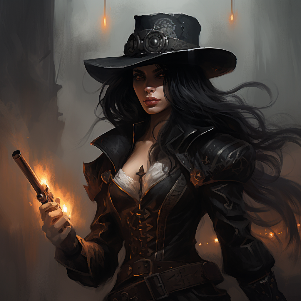 Female witch hunter with hat, pistol, and black hair