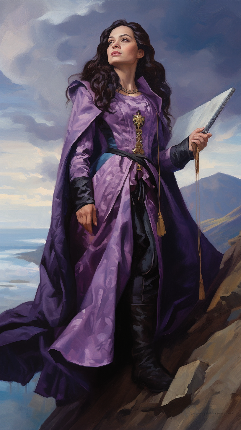 Female wizard in purple robe with long hair