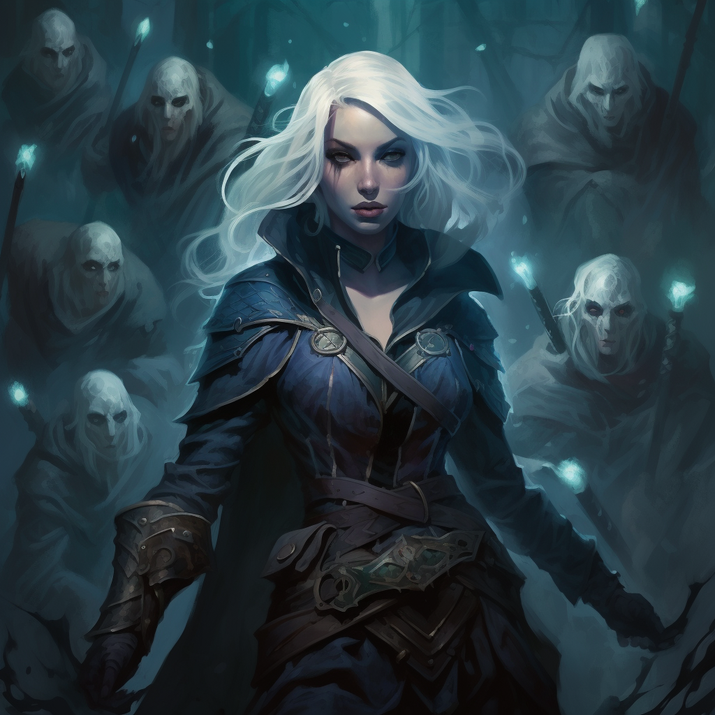 Powerful female wizard with her loyal drow fighters