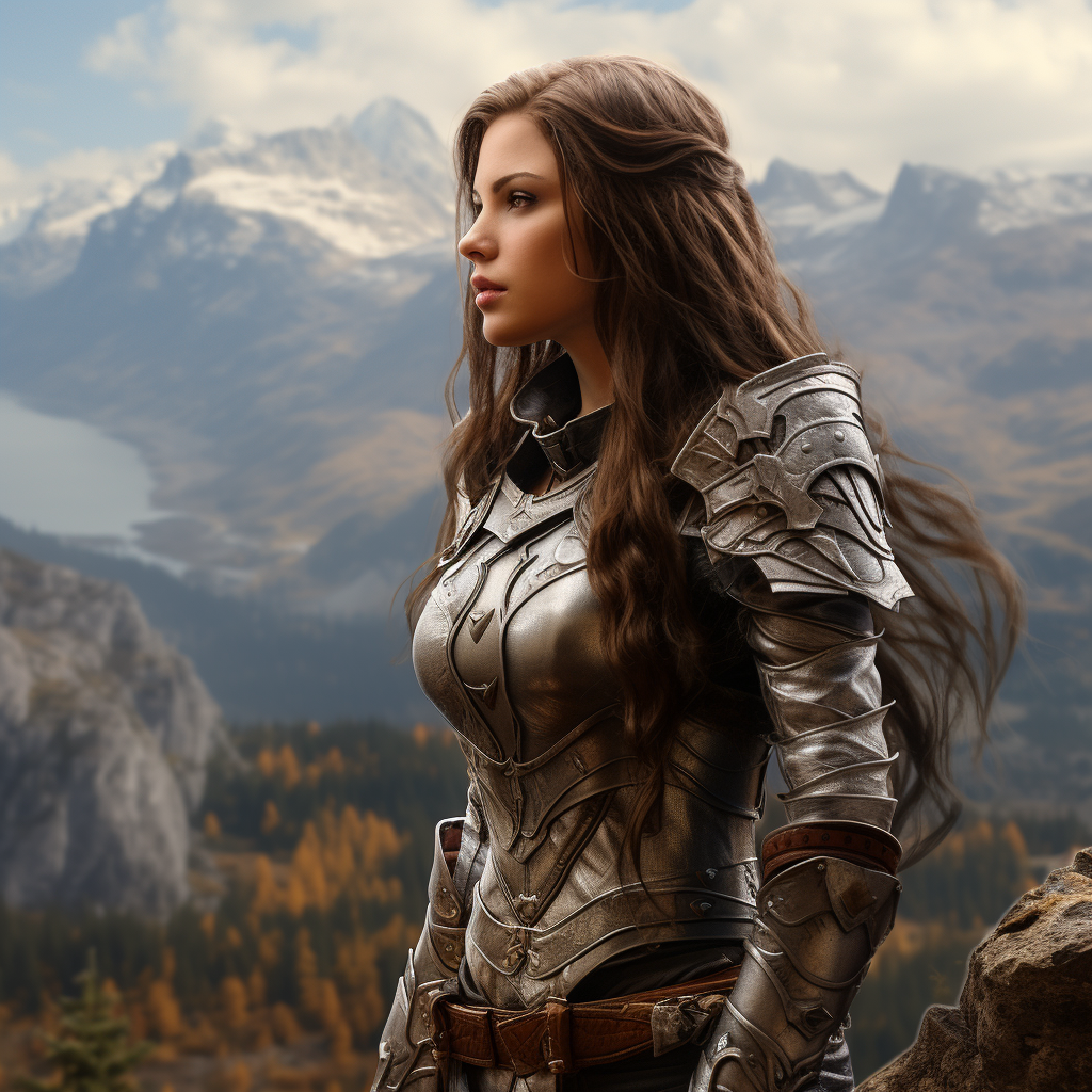 Female warrior in leather armor on Skyrim mountain