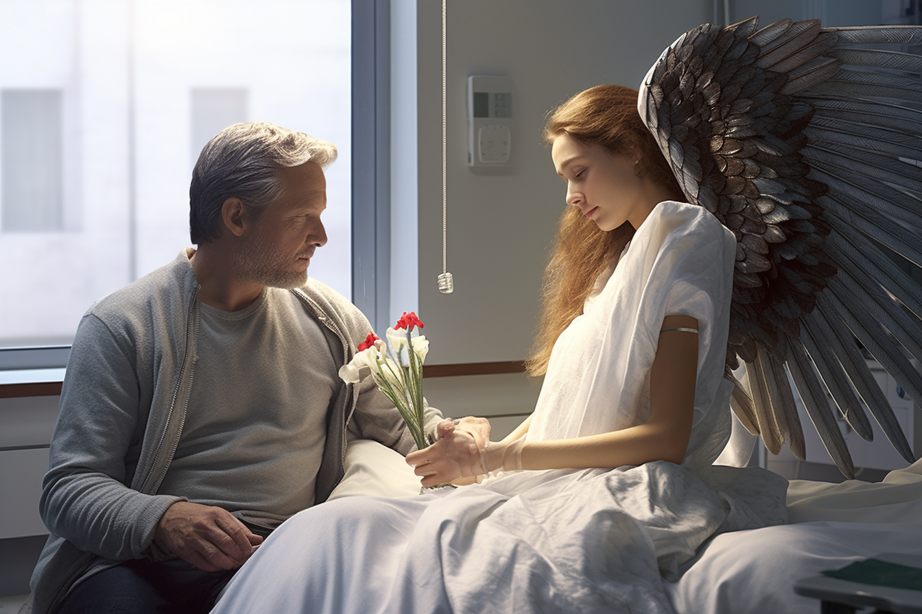 Female angel comforting a hospitalized man