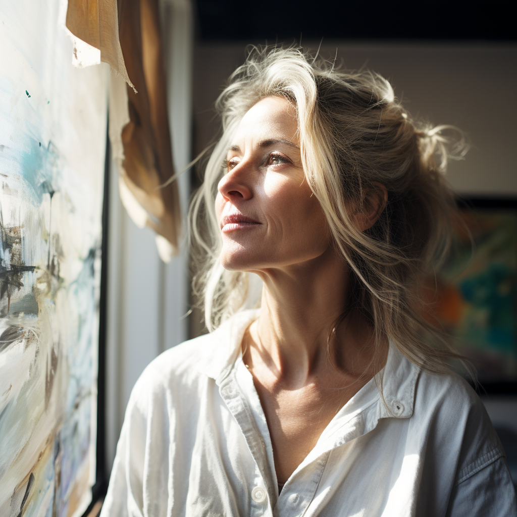 45-year-old female artist looking at canvas