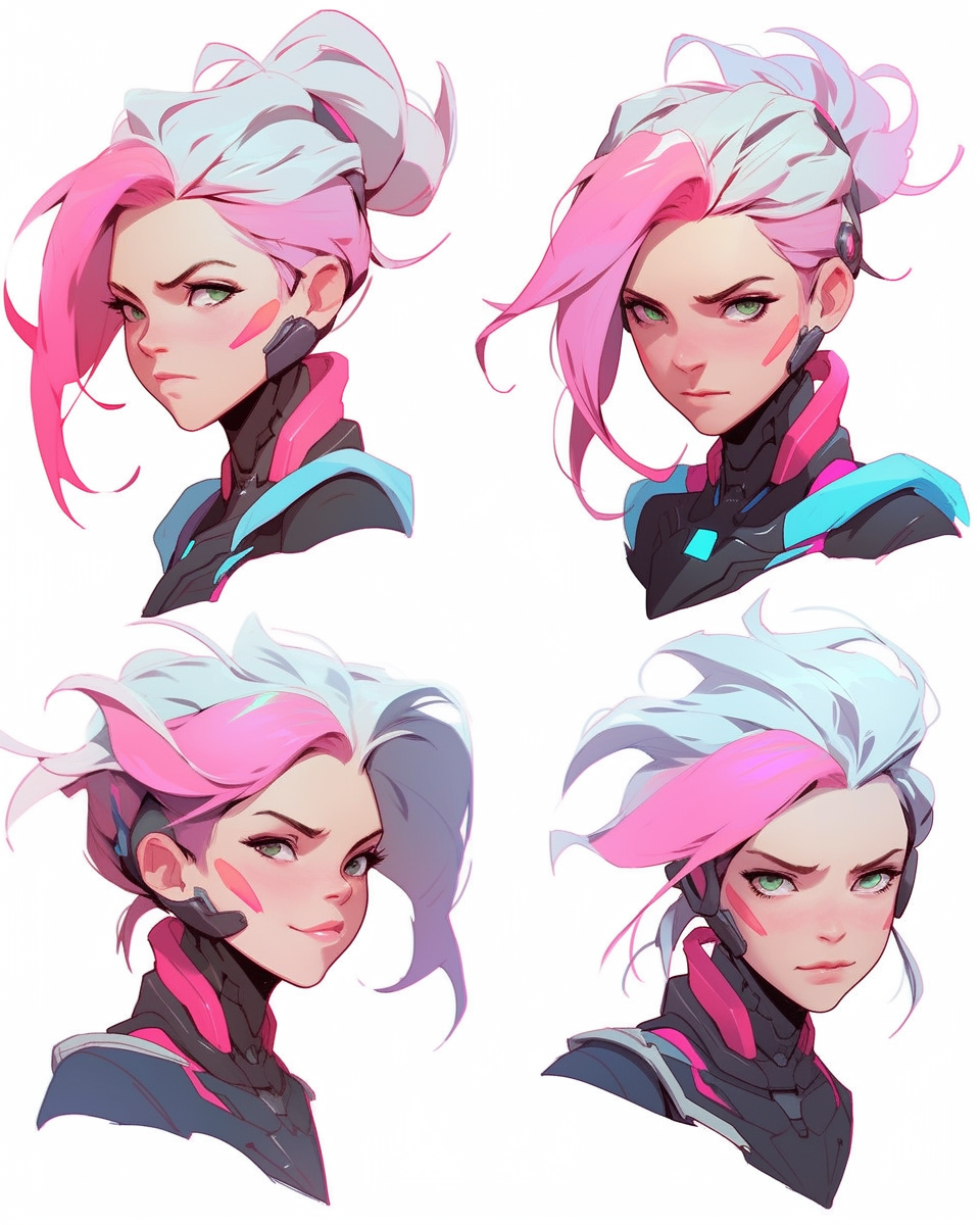 Four female emotes of Aurora in cyberpunk style