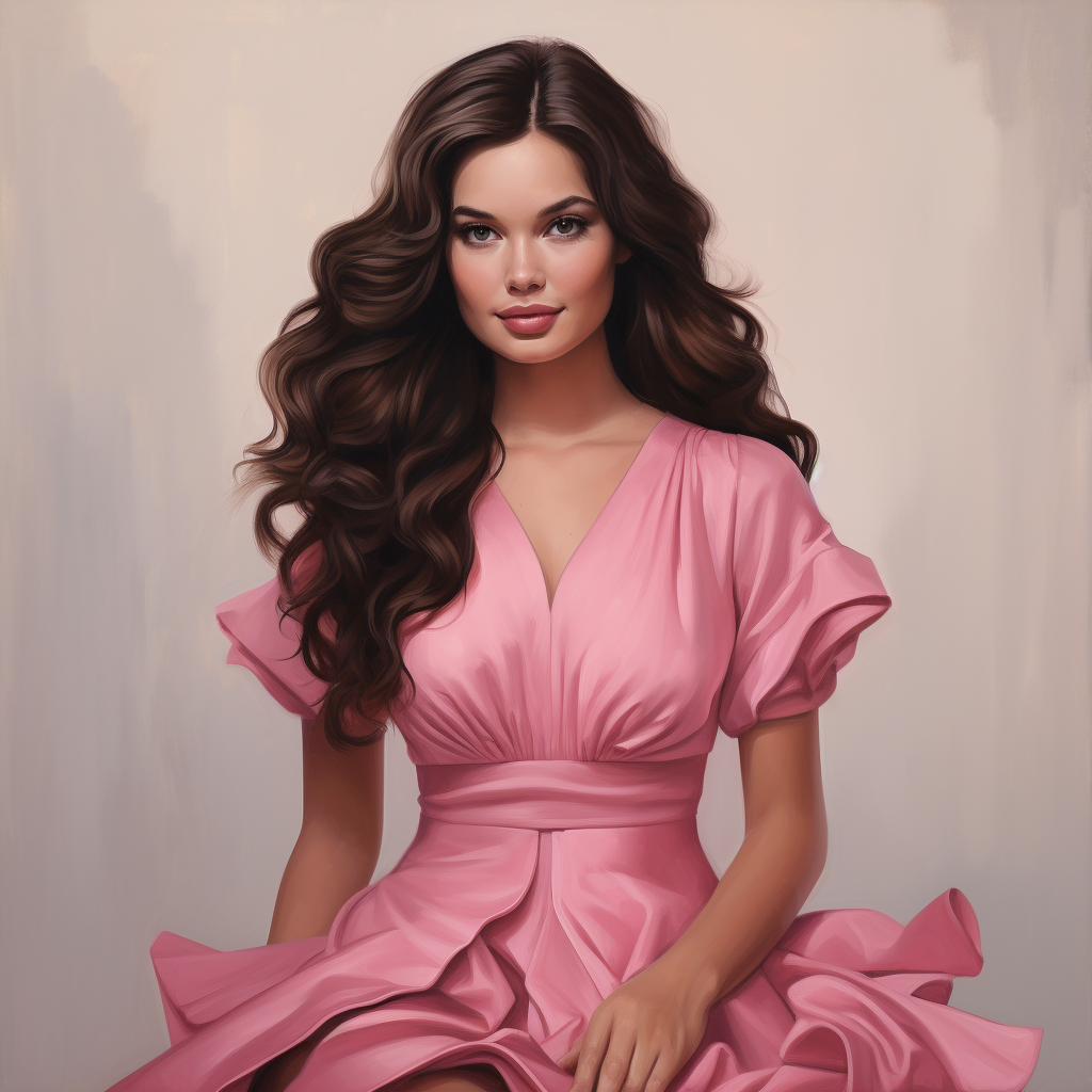 Female with flowing brunette hair in pink peplum dress