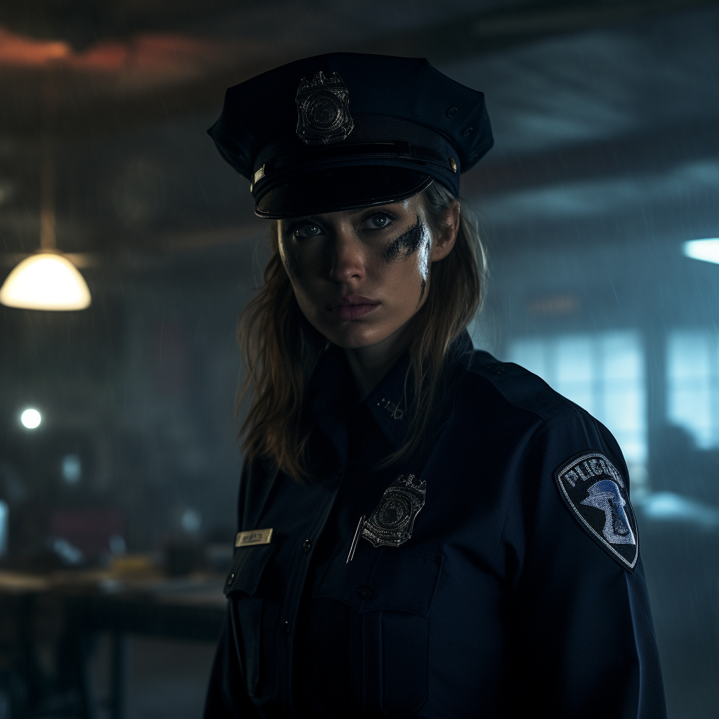 Fearful female cop in abandoned warehouse at night