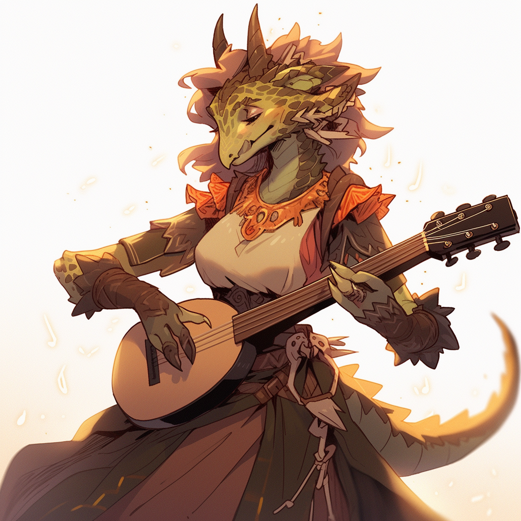 Female Dragonborn Bard playing the lute