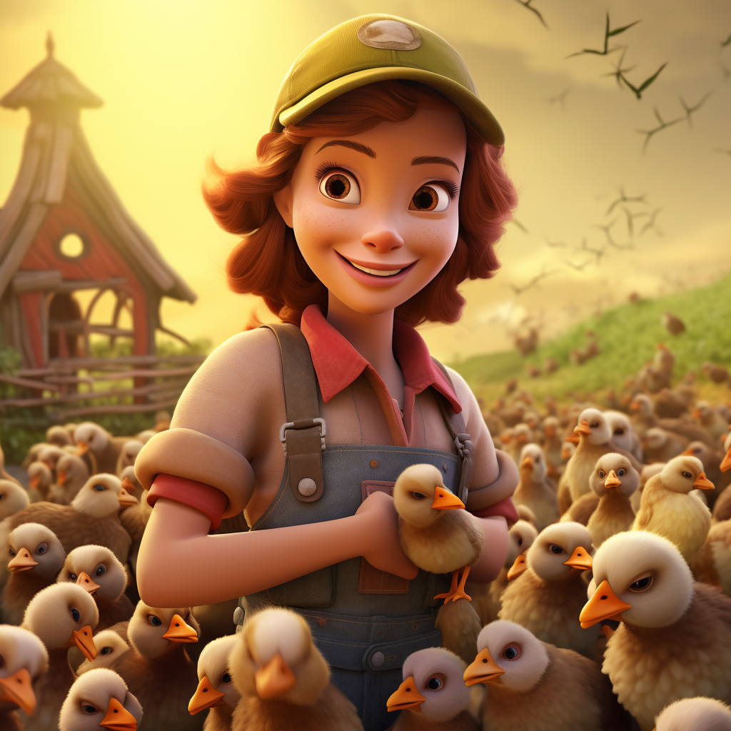 Female farmer with red hair surrounded by chickens and ducks