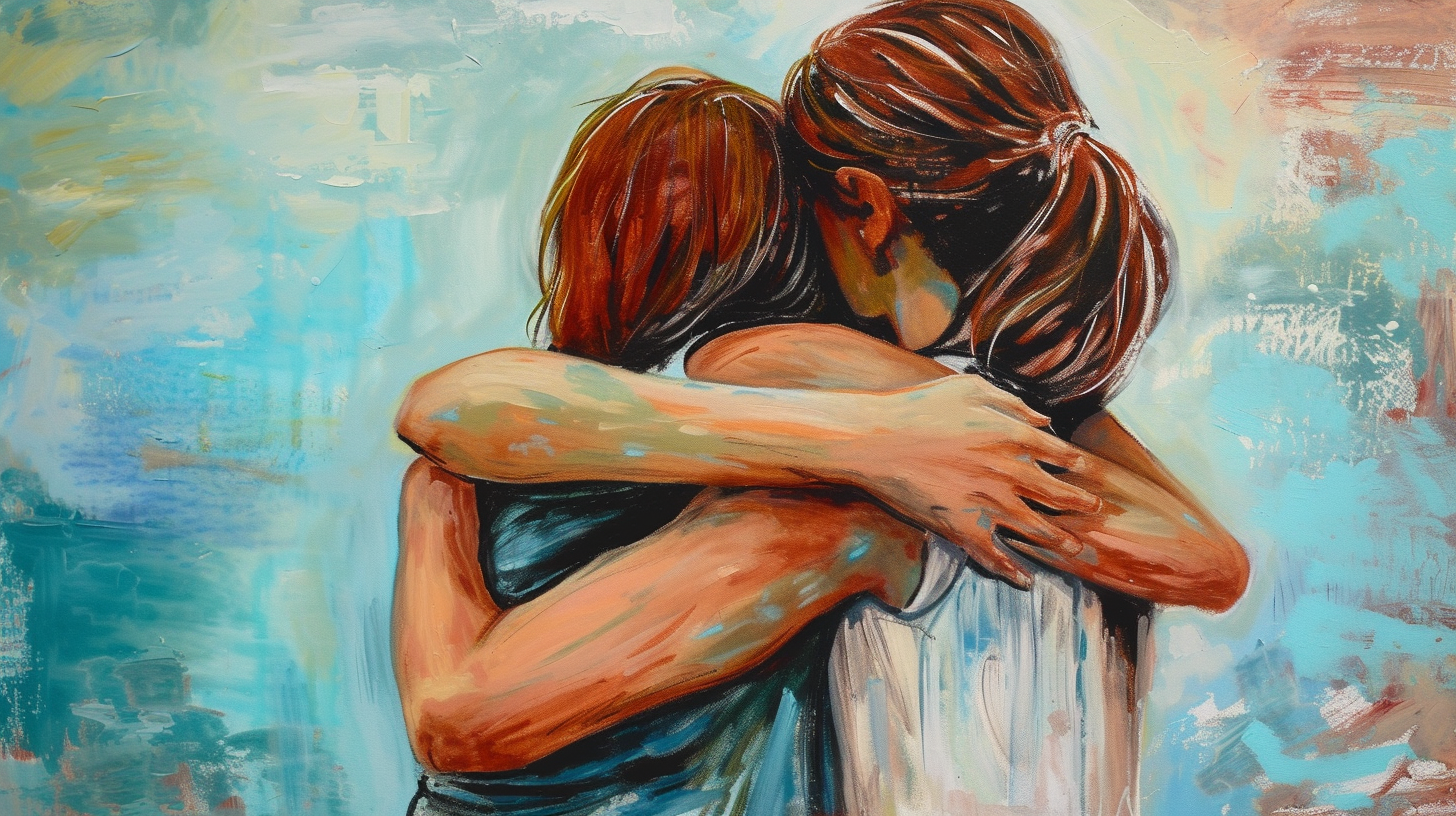 Female friends hugging in oil painting