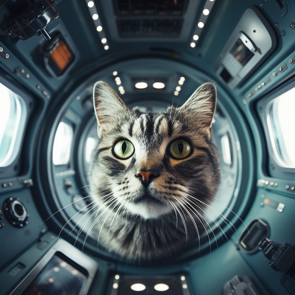 A gray cat in a spaceship shelter