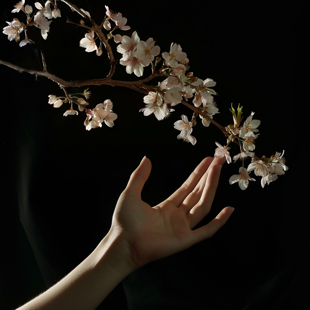 Female hand with cherry blossoms