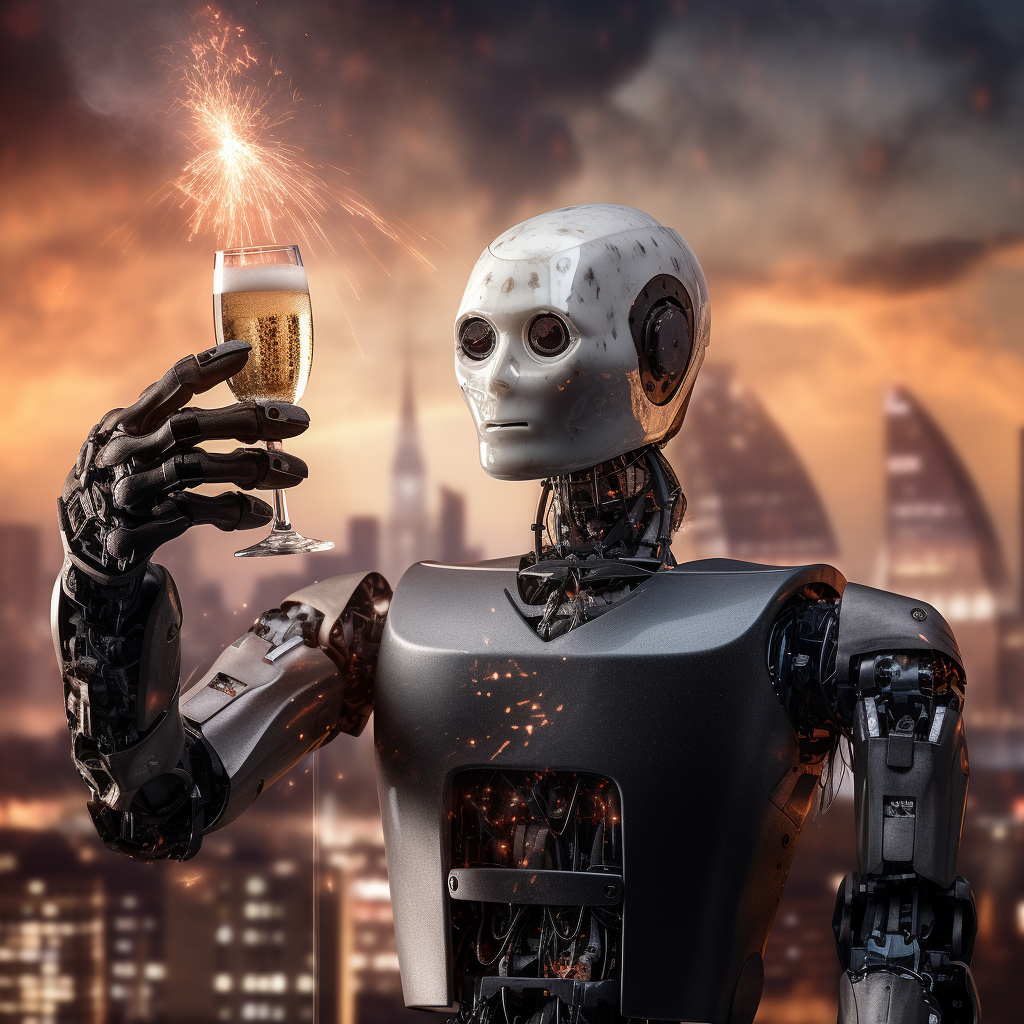 Female KI Robot toasting the New Year with Sekt