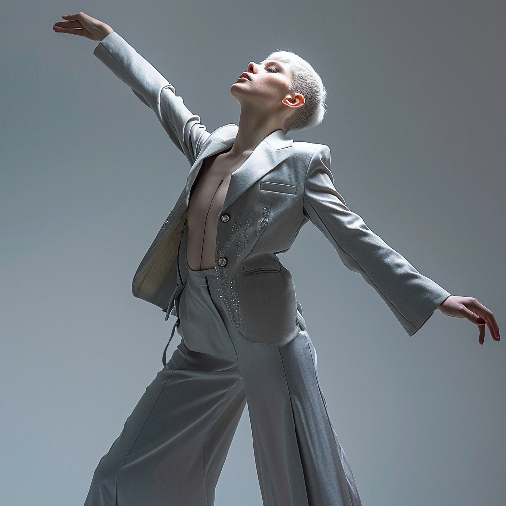 Fashionable model in gray suit with crystals