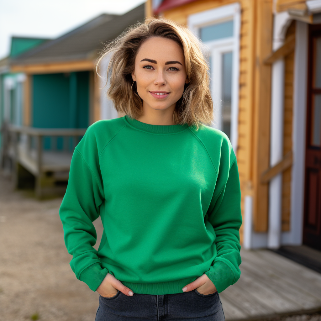 Adult female model posing in Irish green sweatshirt