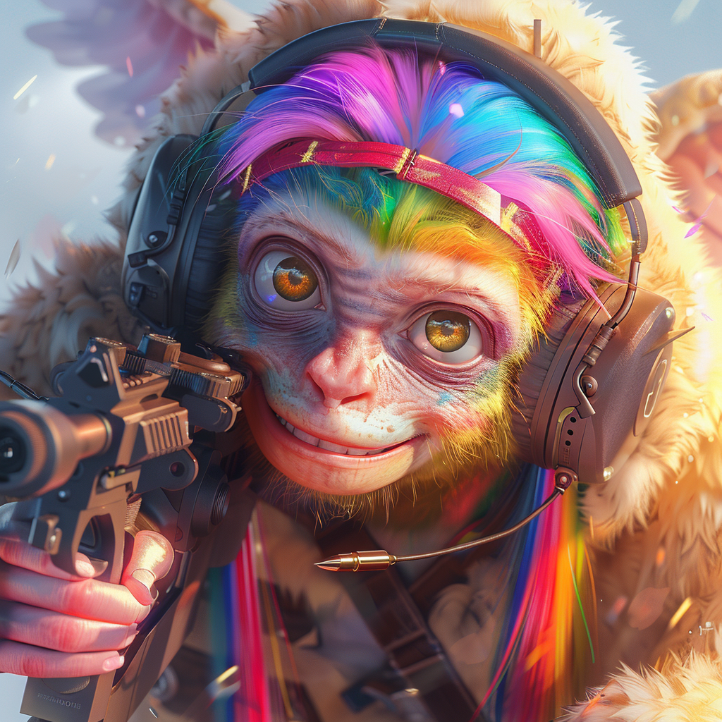 Female monkey with rainbow hair holding sniper rifle