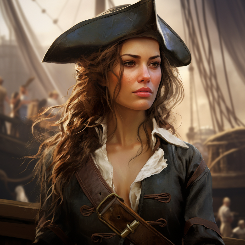 Holding Her Sword, Female Pirate Sailing on Realistic Sloop