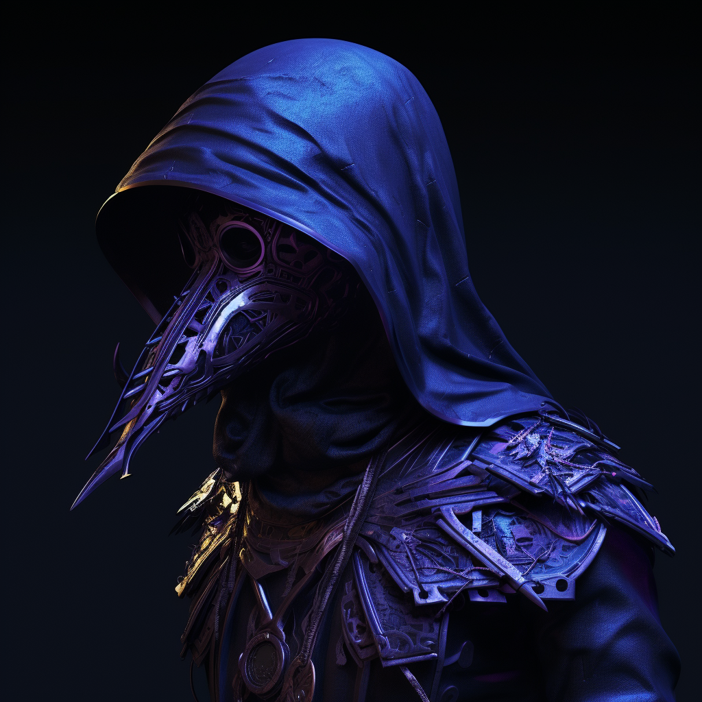 Female character wearing a plague doctor mask