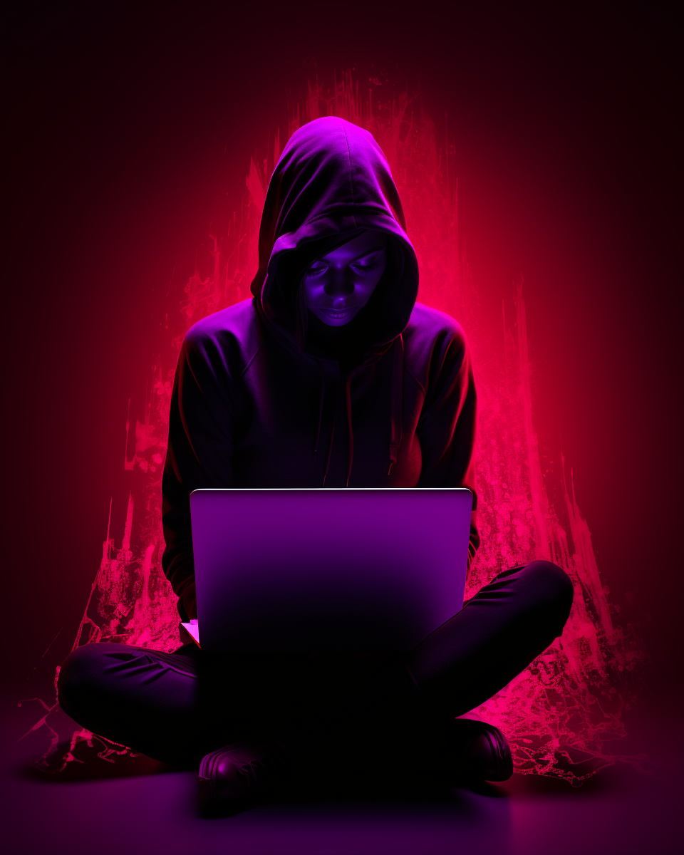 Neon female silhouette in tight clothing on laptop