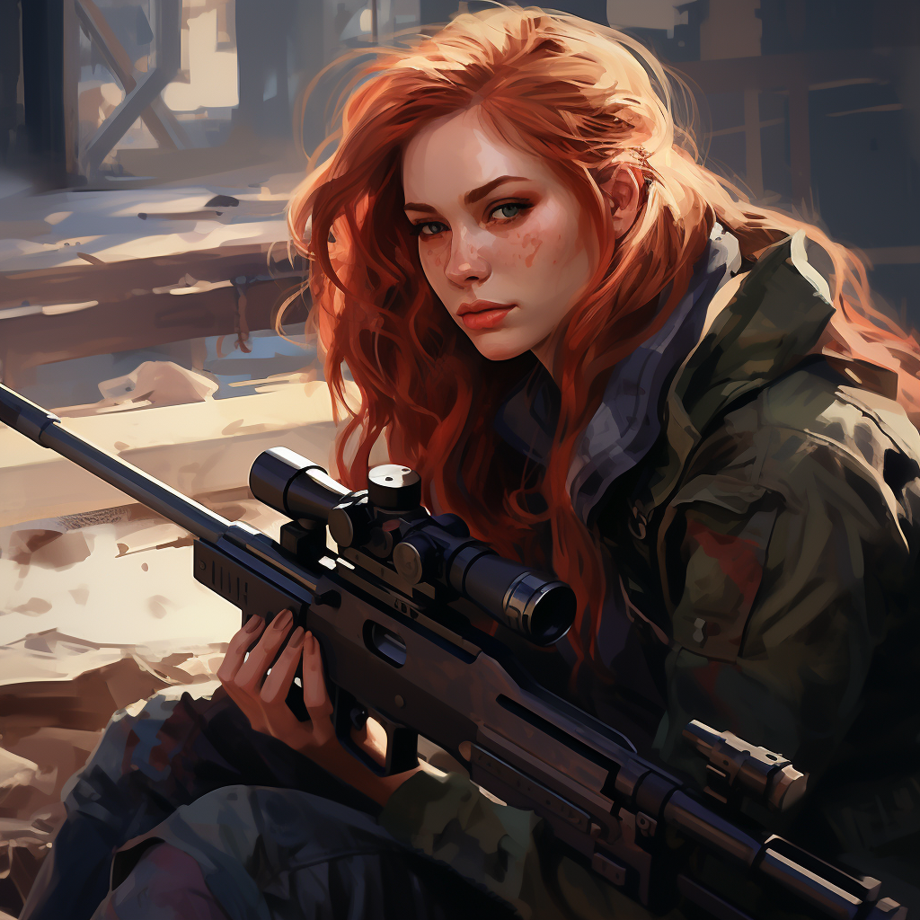 Powerful female sniper with vibrant red hair