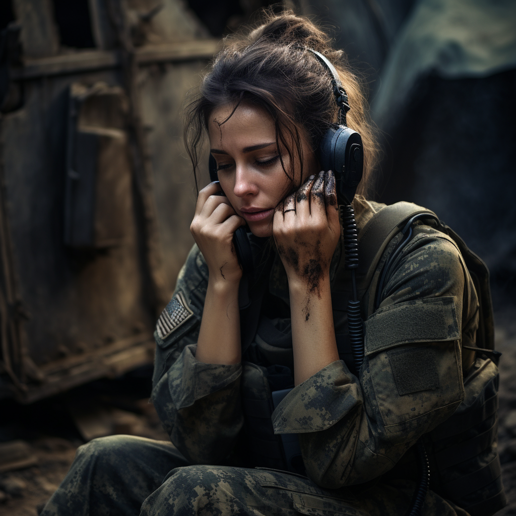 Female soldier in tears on phone