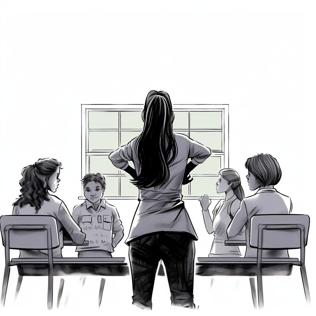 Sketch of female teacher and students