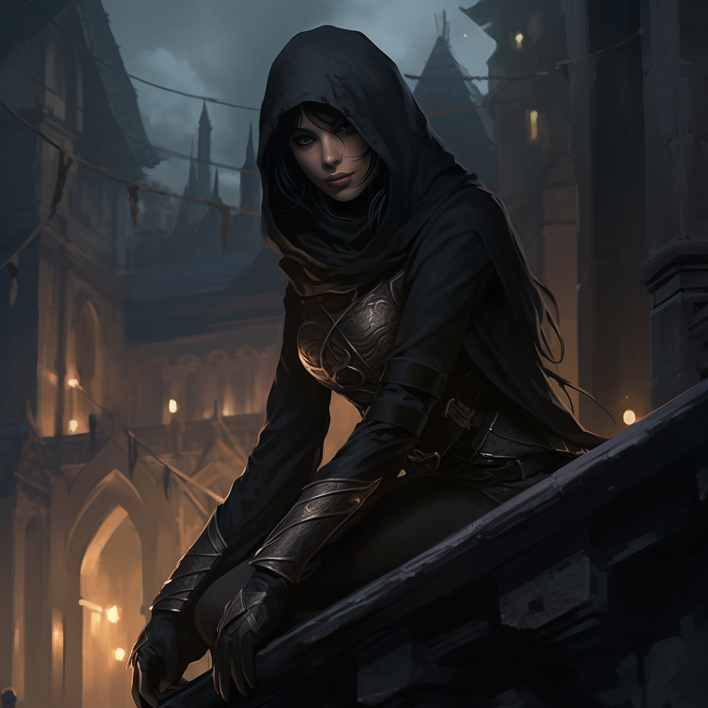 Dark-clad female thief perched on building