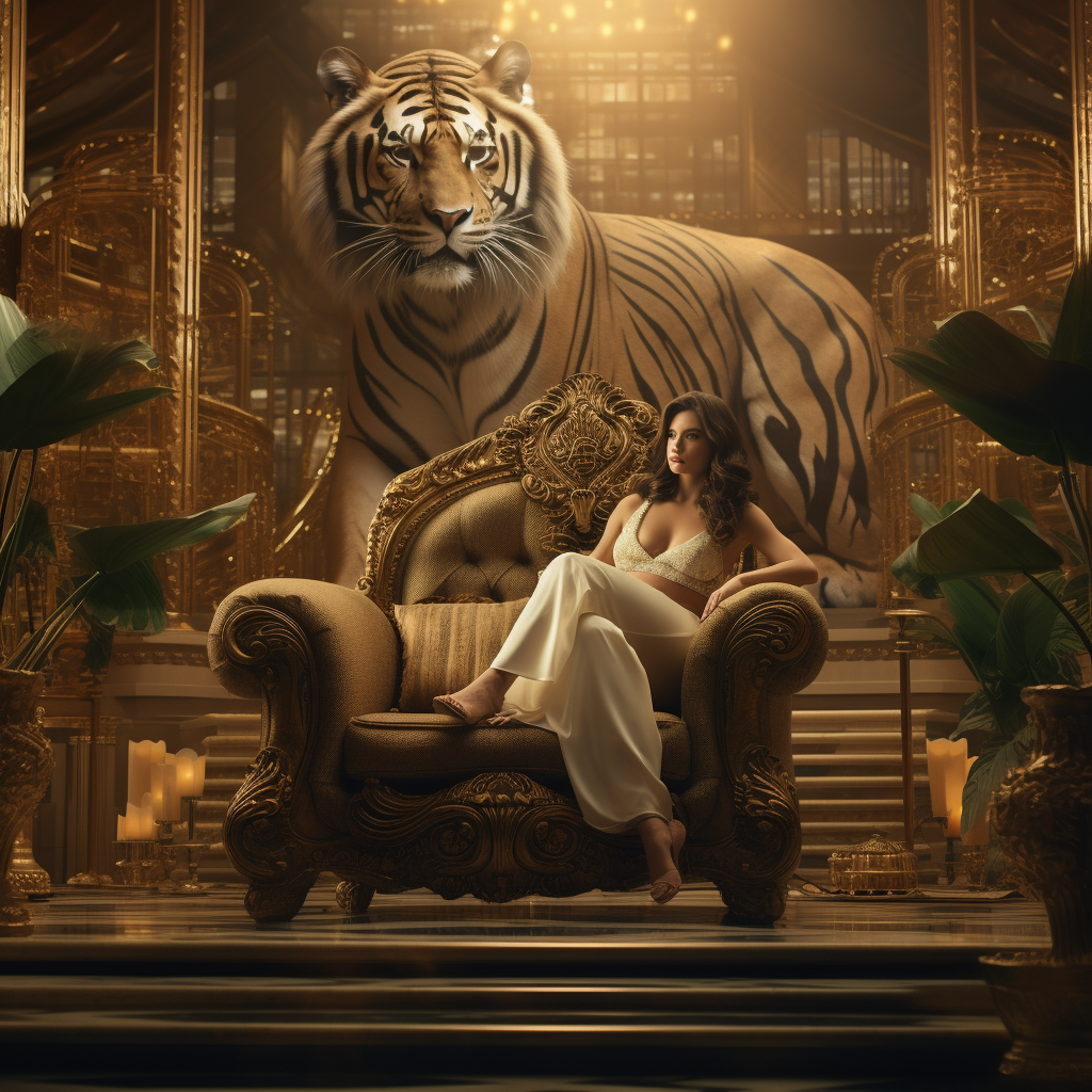 Elegant Female Tiger Queen on Royal Chair