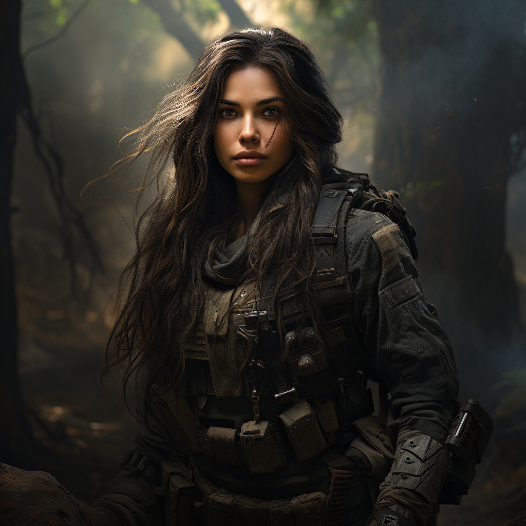 Female Warden Soldier with Long Black Hair and Blue Eyes