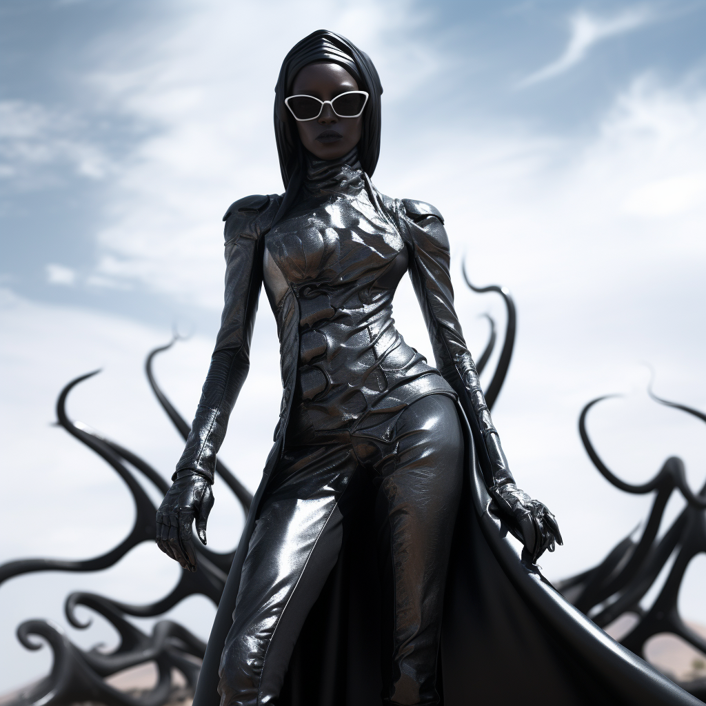 Feminine alien in black and silver clothing