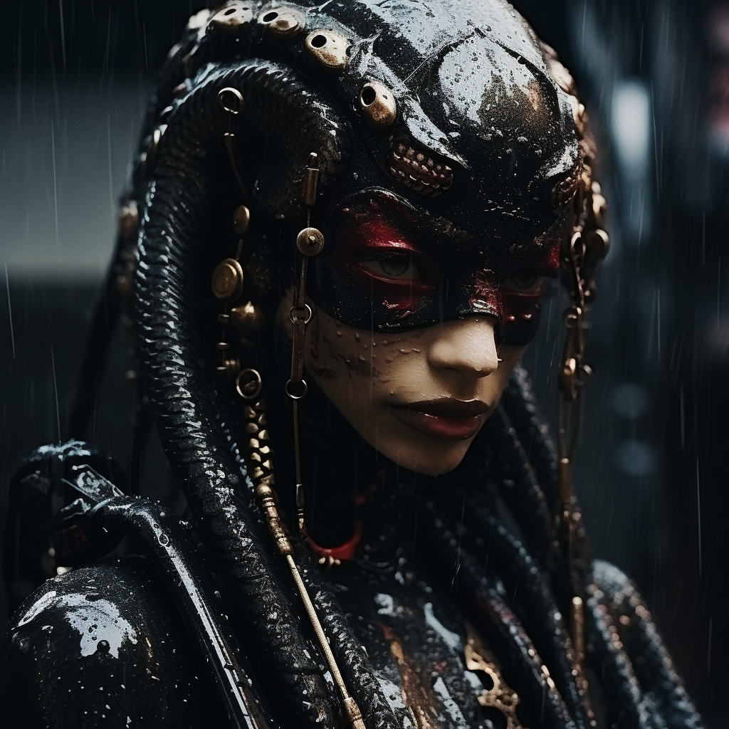 Feminine snake head with serpent eyes in cyberpunk rain