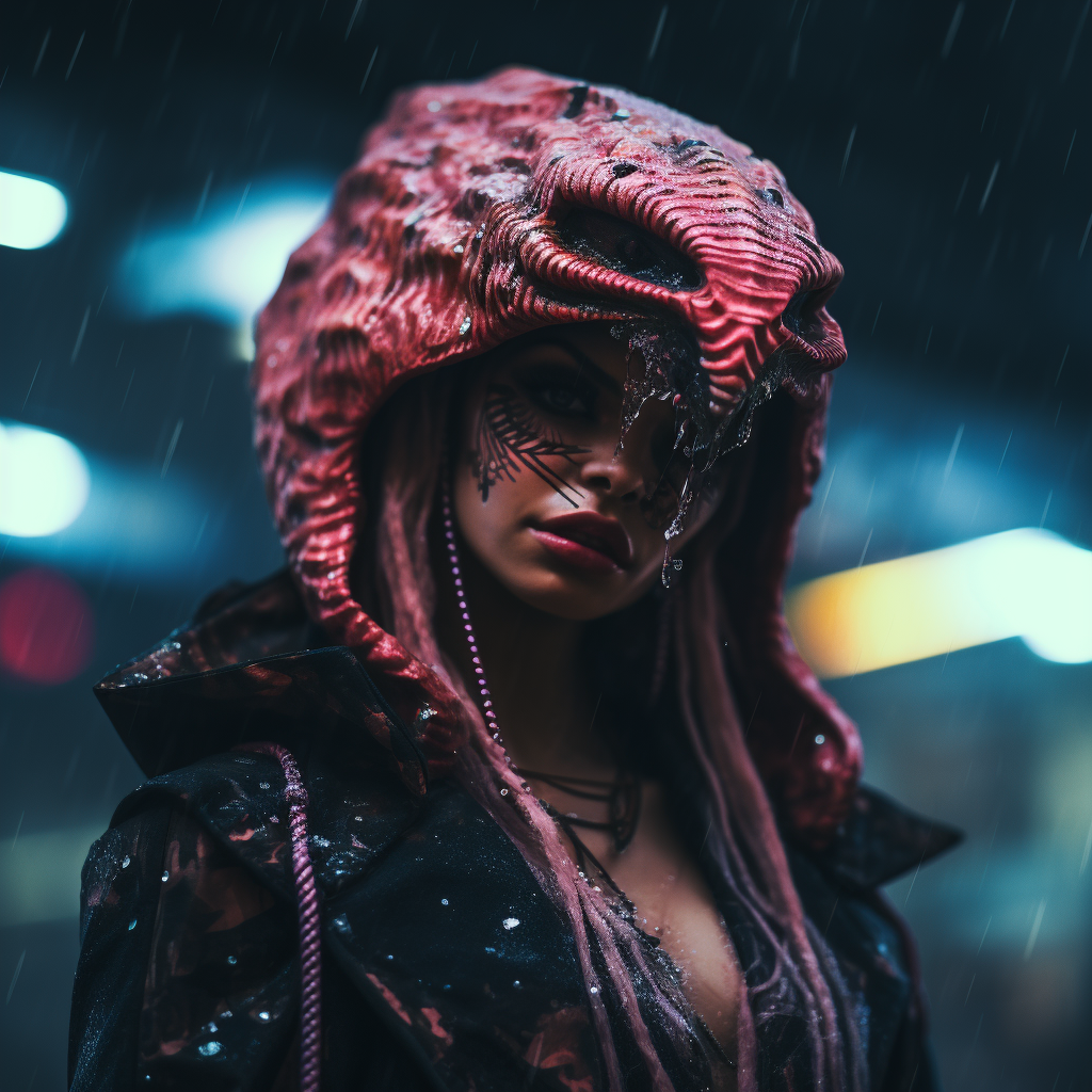 Feminine snake head in gritty cyberpunk rain