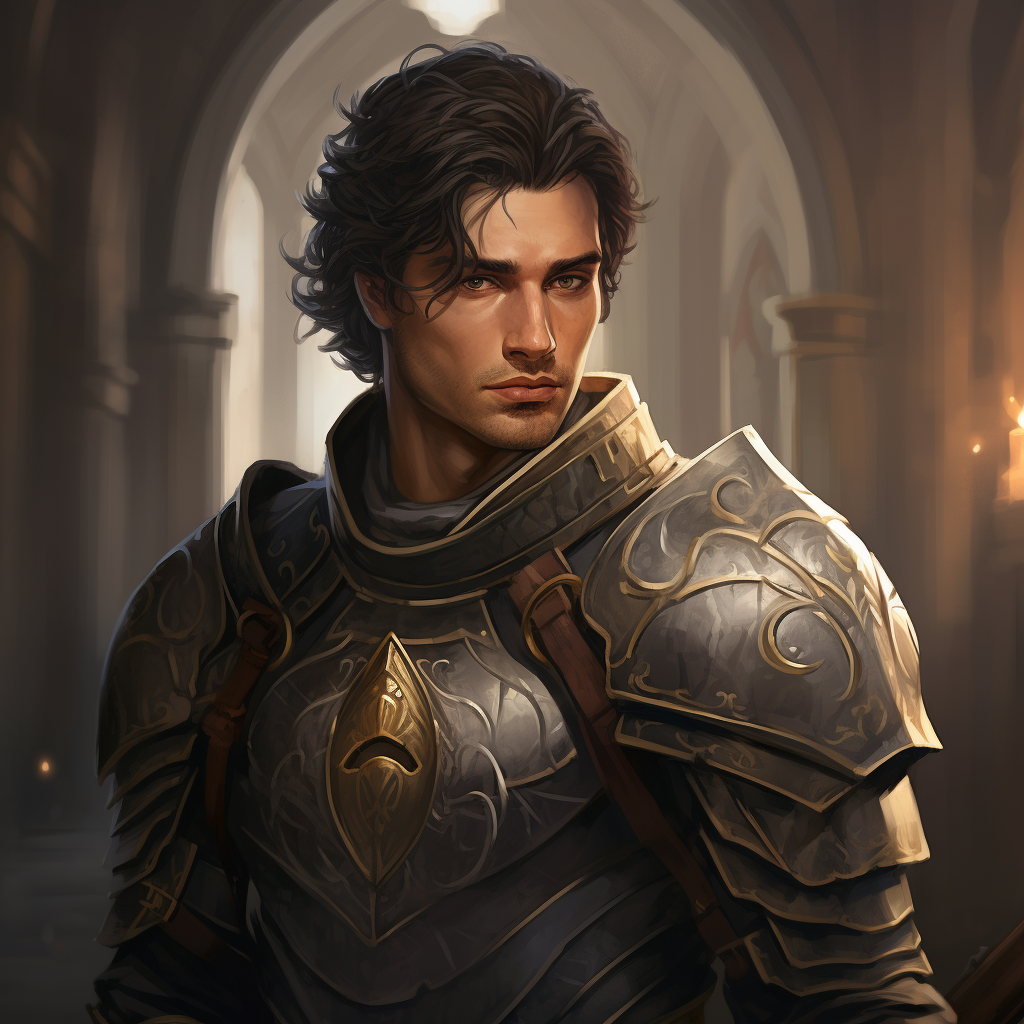 Feminine man paladin with dark hair and hazel eyes