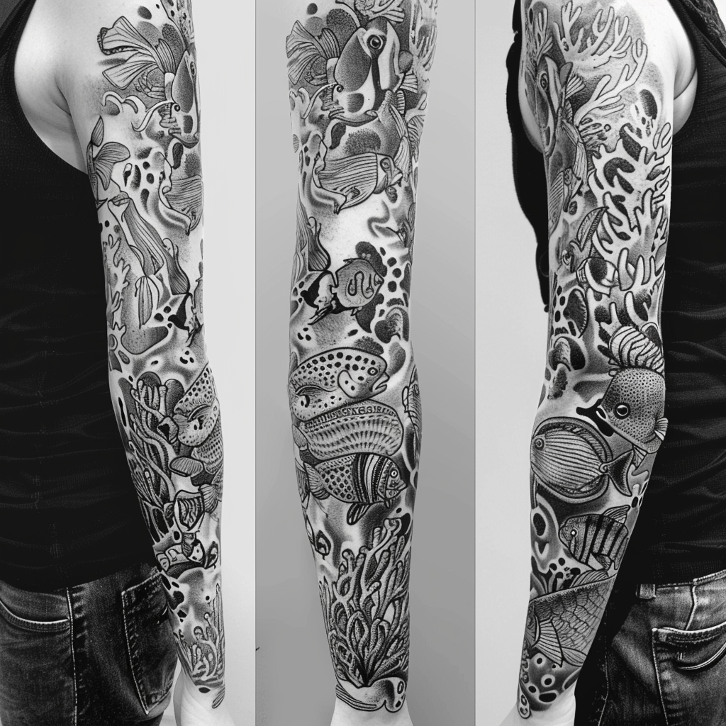 Sleeve Tattoo with Diver and Tropical Fish