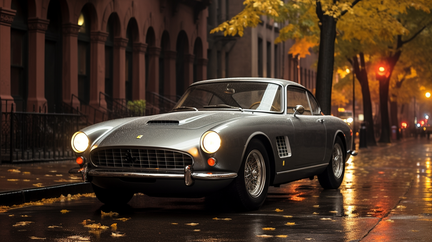 Beautiful woman driving a classic Ferrari at night