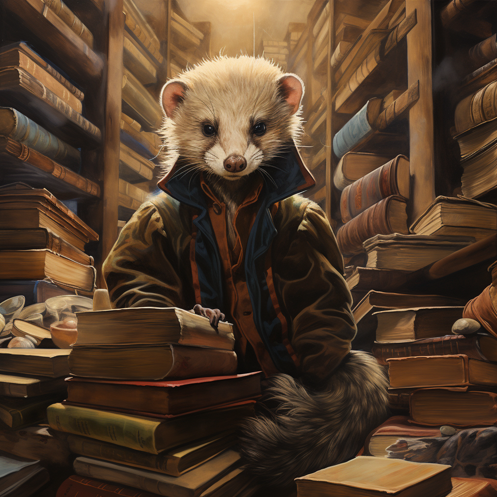 Brown Ferret with Blue Stripe in Library