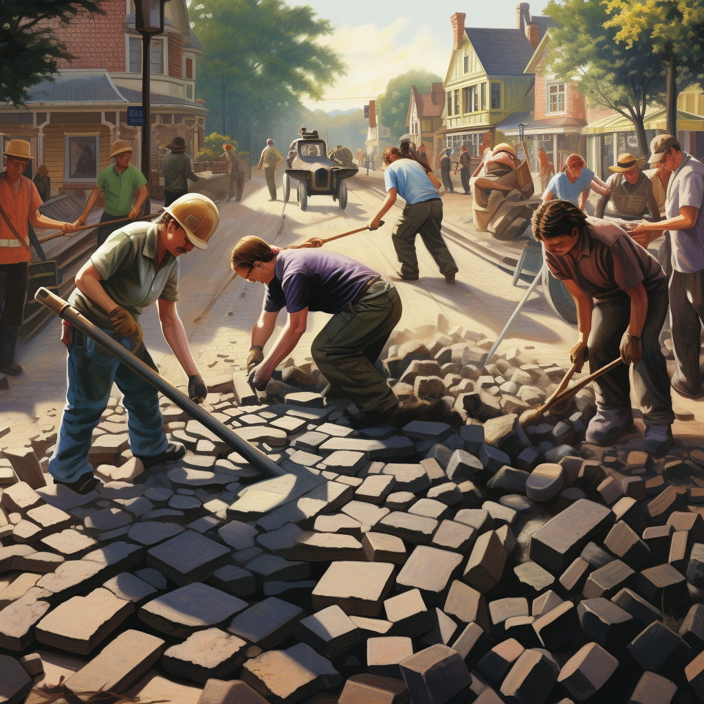 Adults removing paving stones in festive celebration